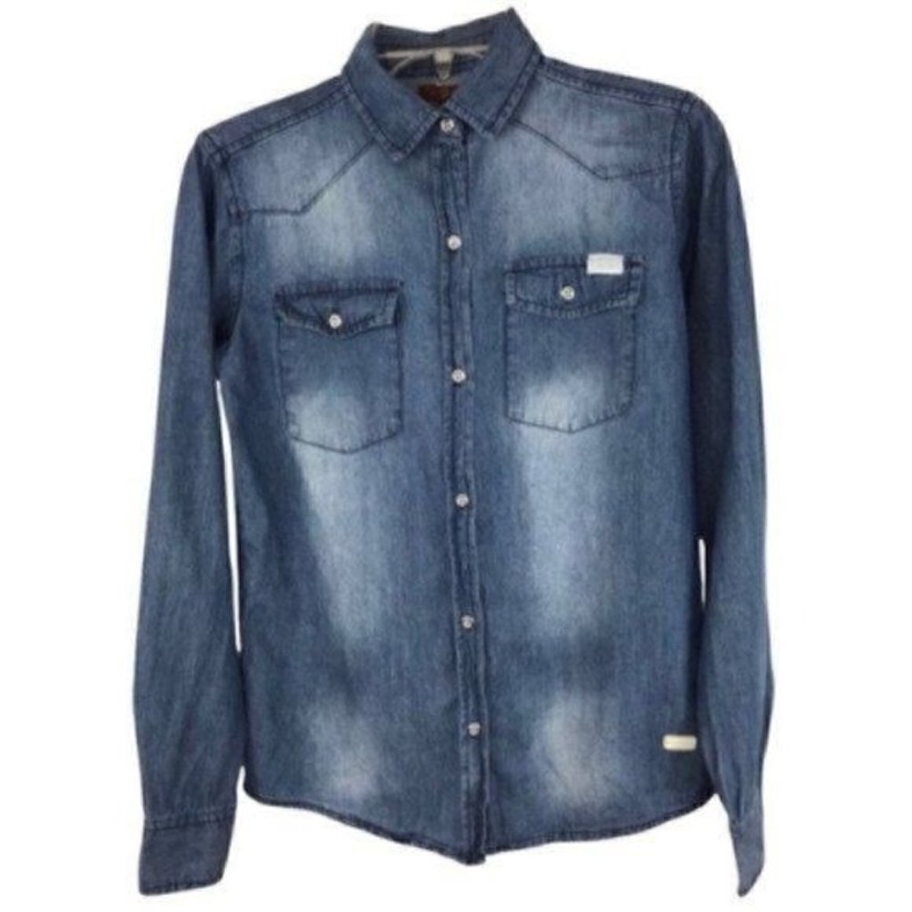 7 For All Mankind Girls denim chambray blouse long sleeve size  XL 100% cotton